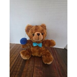 Classic Brown Teddy Bear Plush with Blue Nightcap and Teal Bow Tie Bedtime Toy